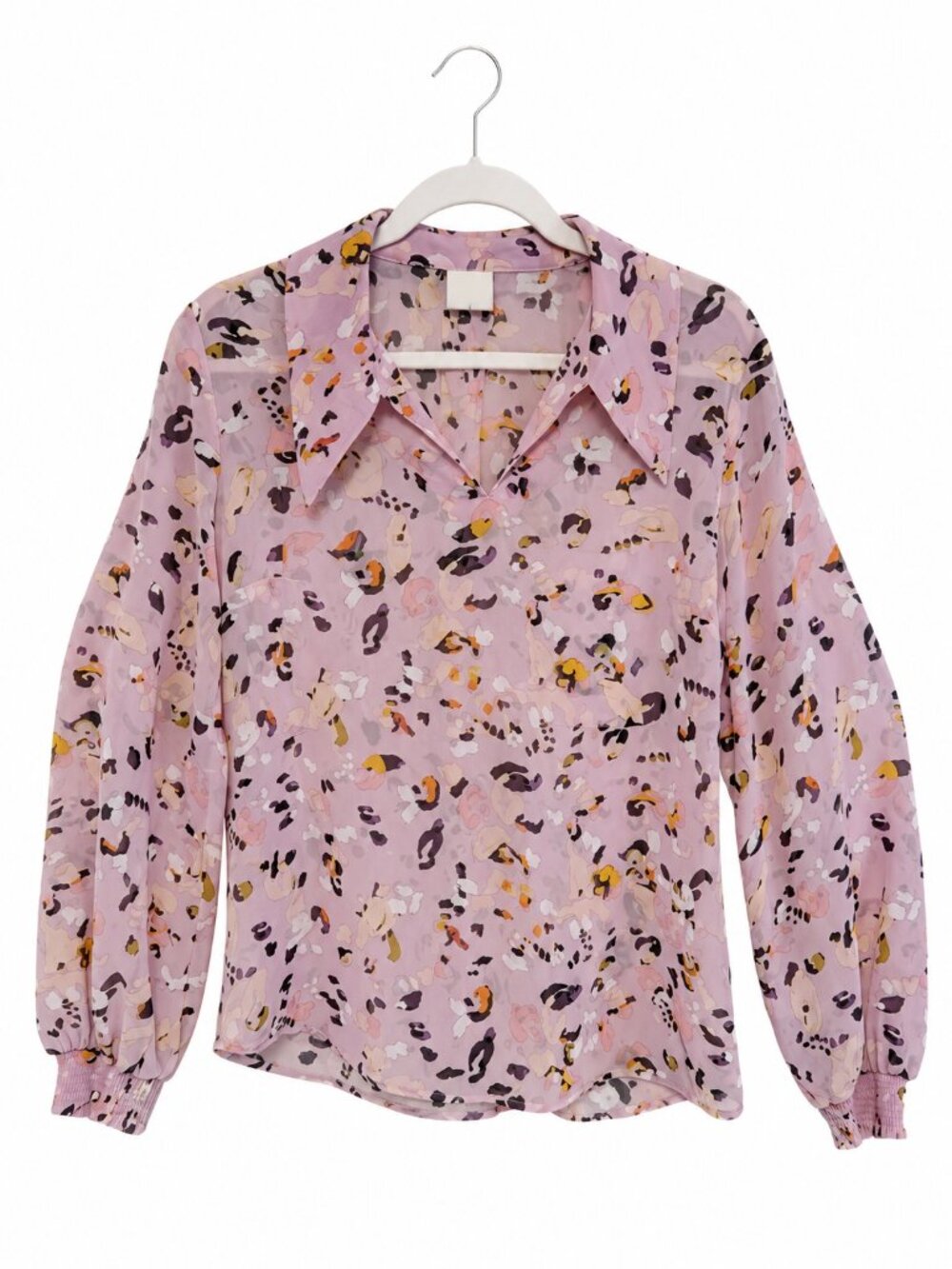 CAbi Pink Abstract Print Long-Sleeve V-Neck Collared Pounce Blouse